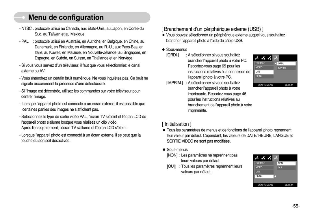 Samsung EC-L70ZZSBA/FR, EC-L70ZZSBB/E1, EC-L70ZZBBA/FR, EC-L70ZZBBA/DE manual Branchement d’un périphérique externe USB 