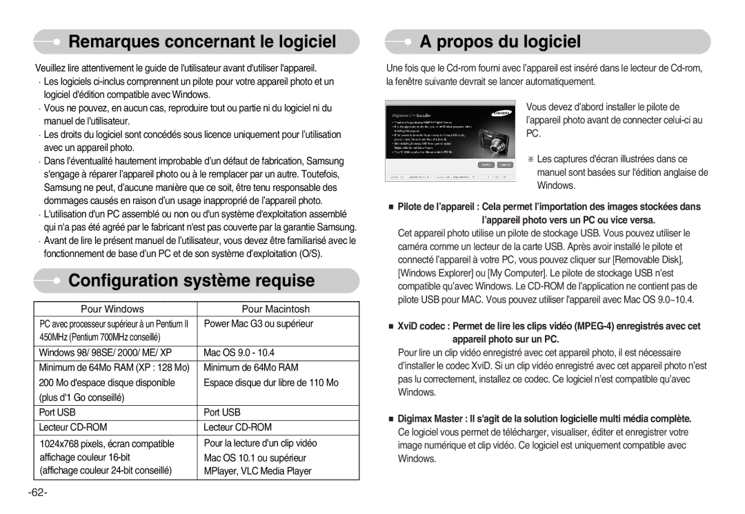 Samsung EC-L70ZZBBA/DE, EC-L70ZZSBA/FR Remarques concernant le logiciel, Configuration système requise, Propos du logiciel 