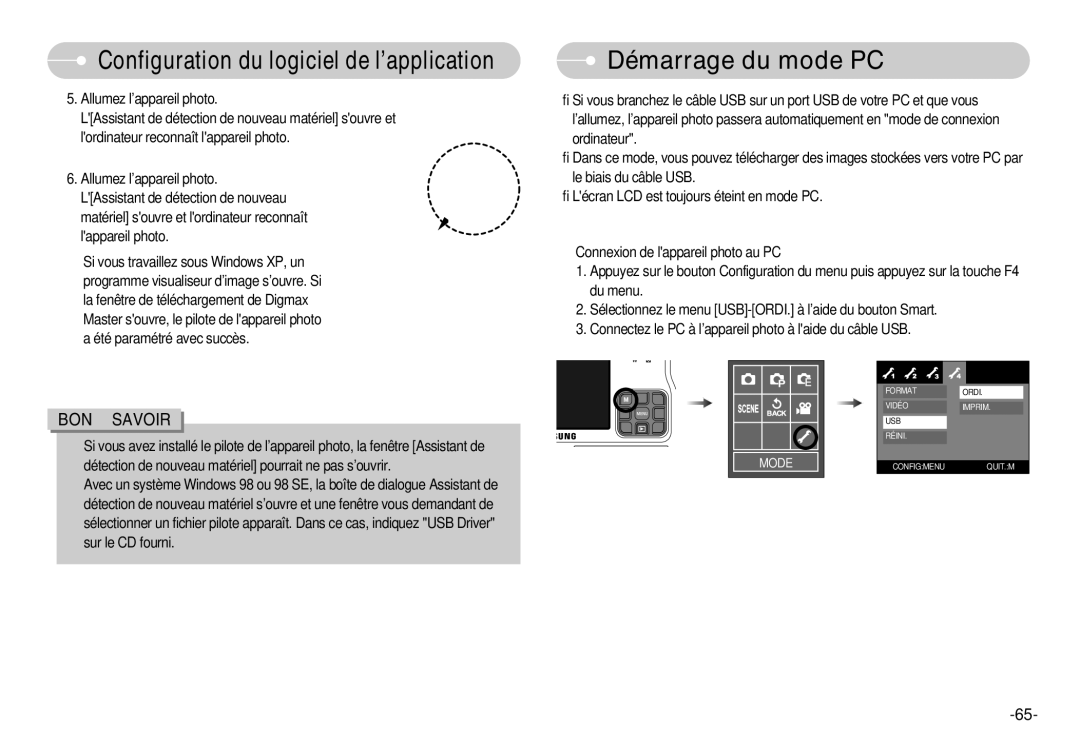 Samsung EC-L70ZZBBA/FR, EC-L70ZZSBA/FR, EC-L70ZZSBB/E1, EC-L70ZZBBA/DE manual Démarrage du mode PC 