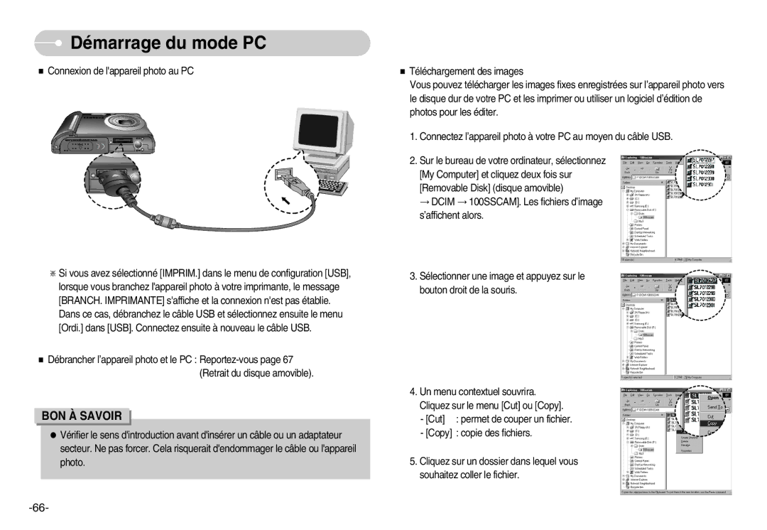 Samsung EC-L70ZZBBA/DE, EC-L70ZZSBA/FR, EC-L70ZZSBB/E1, EC-L70ZZBBA/FR manual Démarrage du mode PC 