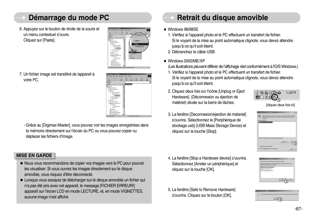 Samsung EC-L70ZZSBA/FR, EC-L70ZZSBB/E1, EC-L70ZZBBA/FR, EC-L70ZZBBA/DE manual Retrait du disque amovible 