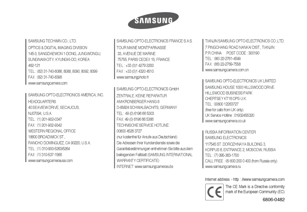 Samsung EC-L70ZZBBA/FR, EC-L70ZZSBA/FR, EC-L70ZZSBB/E1, EC-L70ZZBBA/DE manual 6806-0482 