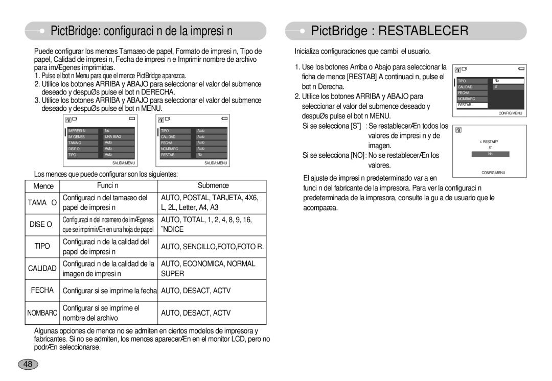 Samsung EC-L70ZZBBA/DE, EC-L70ZZSBB/E1 manual PictBridge Restablecer, Menú 