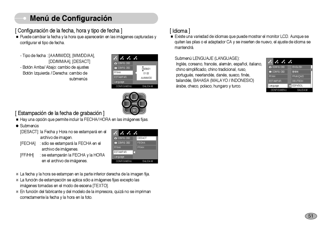 Samsung EC-L70ZZSBB/E1, EC-L70ZZBBA/DE manual Configuración de la fecha, hora y tipo de fecha, Ff/Hh 