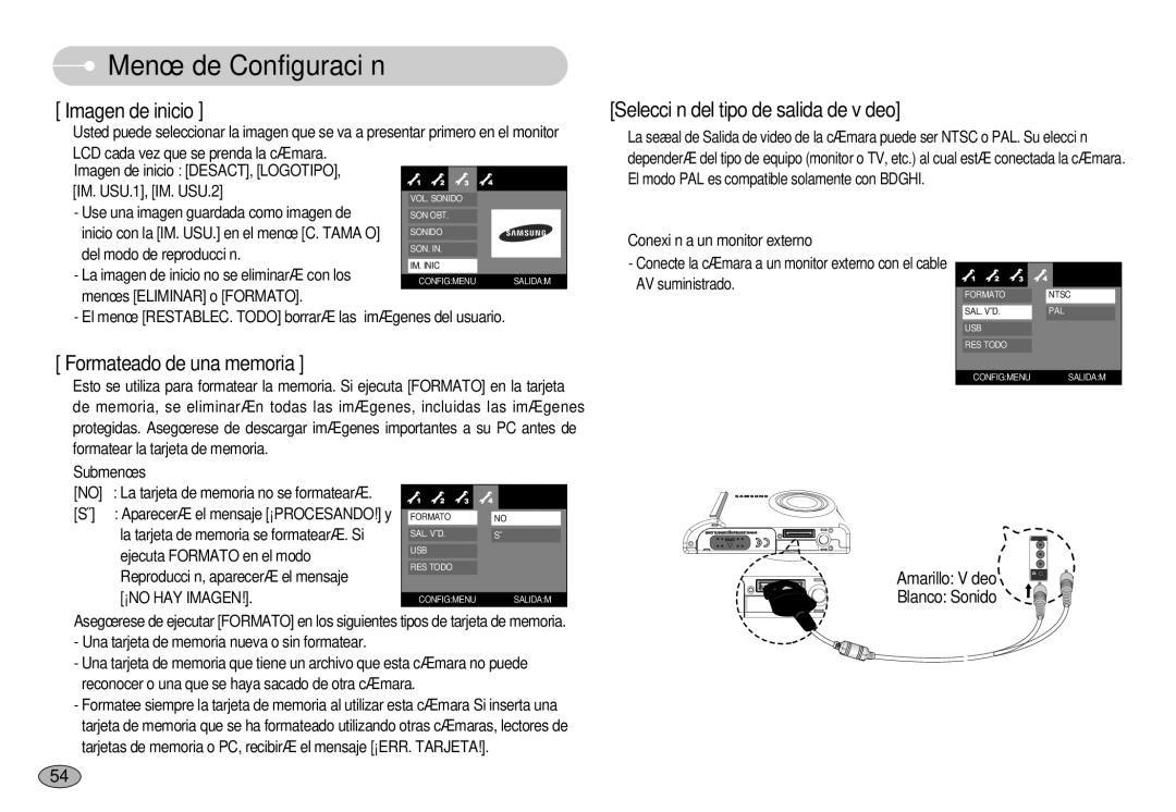 Samsung EC-L70ZZBBA/DE, EC-L70ZZSBB/E1 manual Amarillo Vídeo Blanco Sonido, ¡NO HAY Imagen 