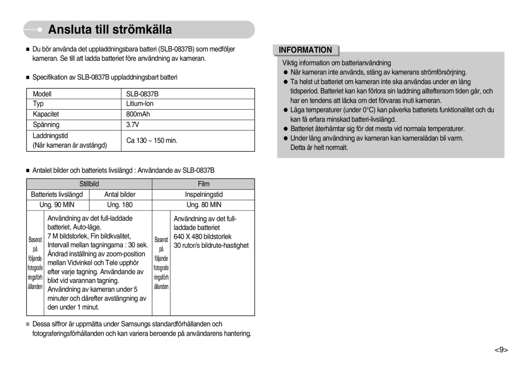 Samsung EC-L70ZZSBB/E1, EC-L70ZZBBA/DE manual Ansluta till strömkälla, Information 