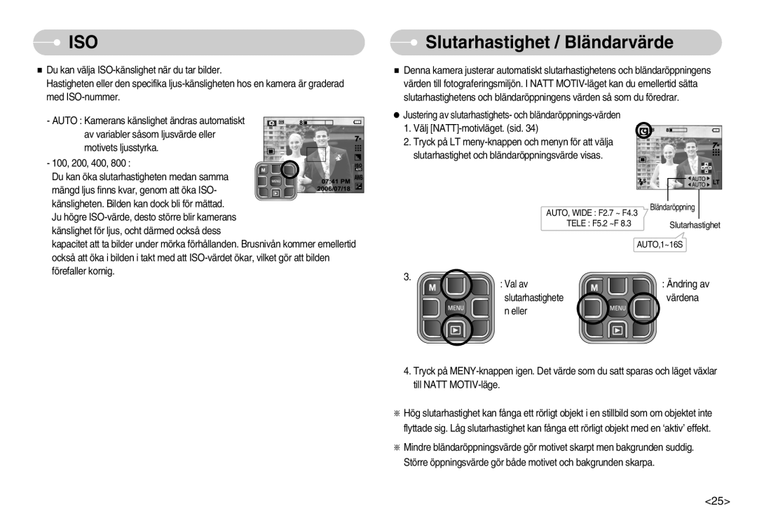 Samsung EC-L70ZZSBB/E1, EC-L70ZZBBA/DE manual Iso, Slutarhastighet / Bländarvärde 