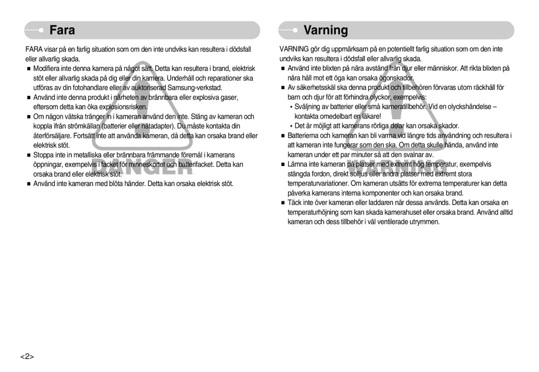 Samsung EC-L70ZZBBA/DE, EC-L70ZZSBB/E1 manual Fara, Varning 