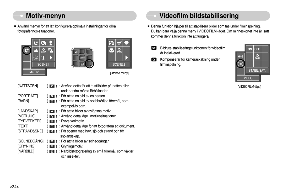 Samsung EC-L70ZZBBA/DE, EC-L70ZZSBB/E1 manual Motiv-menyn, Videofilm bildstabilisering 