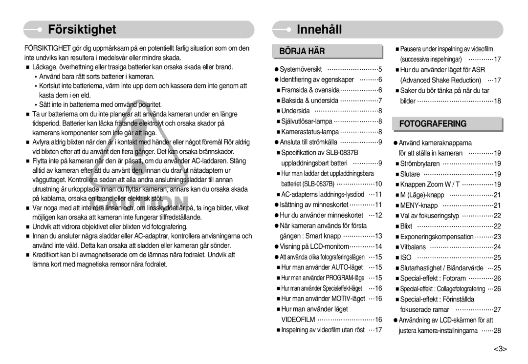 Samsung EC-L70ZZSBB/E1, EC-L70ZZBBA/DE manual Försiktighet, Innehåll, Iso, Videofilm 