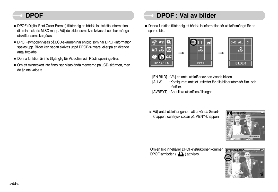 Samsung EC-L70ZZBBA/DE, EC-L70ZZSBB/E1 manual Dpof Val av bilder 