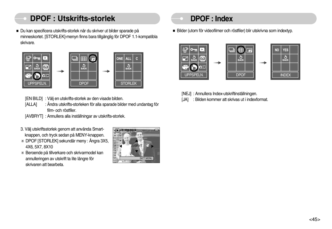 Samsung EC-L70ZZSBB/E1, EC-L70ZZBBA/DE manual Dpof Utskrifts-storlek, Dpof Index 