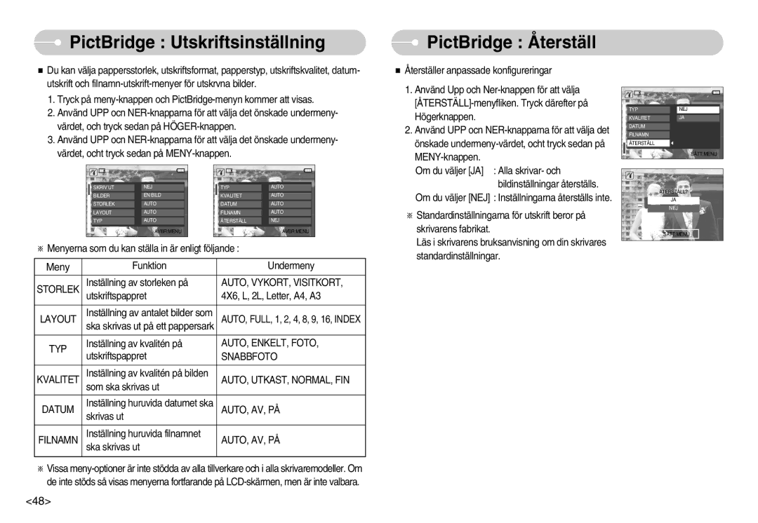 Samsung EC-L70ZZBBA/DE, EC-L70ZZSBB/E1 manual PictBridge Utskriftsinställning, PictBridge Återställ 