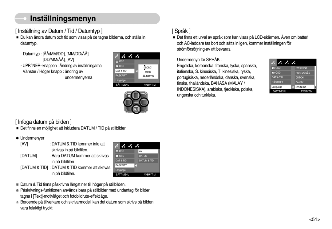 Samsung EC-L70ZZSBB/E1, EC-L70ZZBBA/DE manual Inställning av Datum / Tid / Datumtyp 