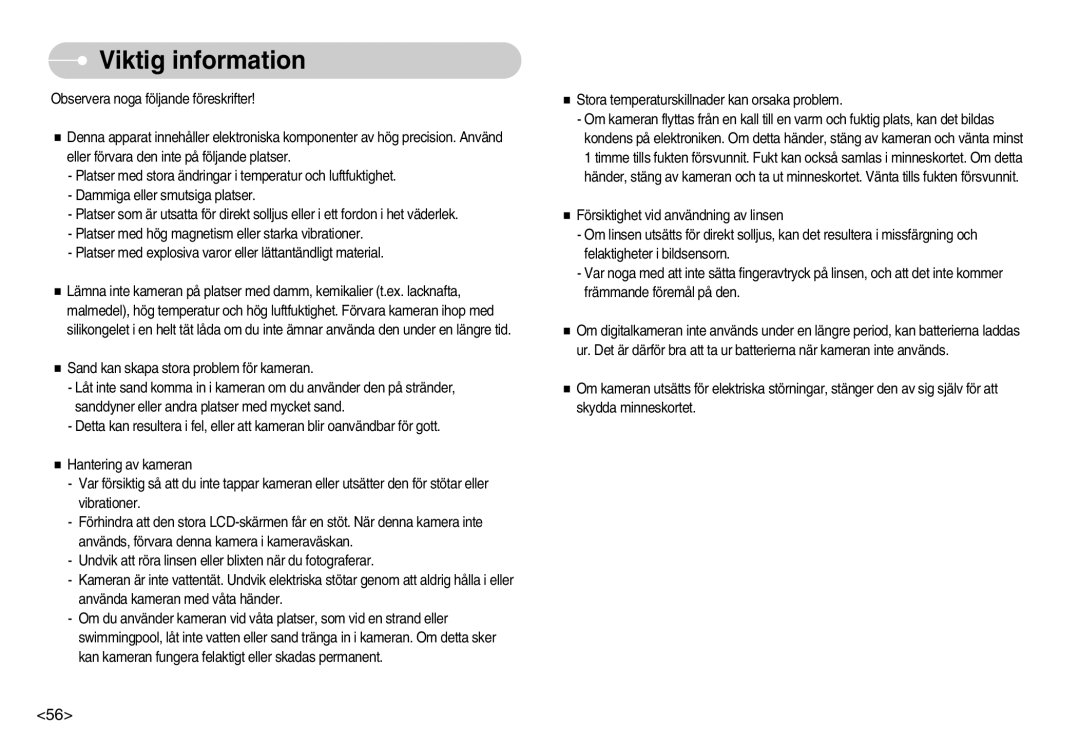 Samsung EC-L70ZZBBA/DE, EC-L70ZZSBB/E1 manual Viktig information 