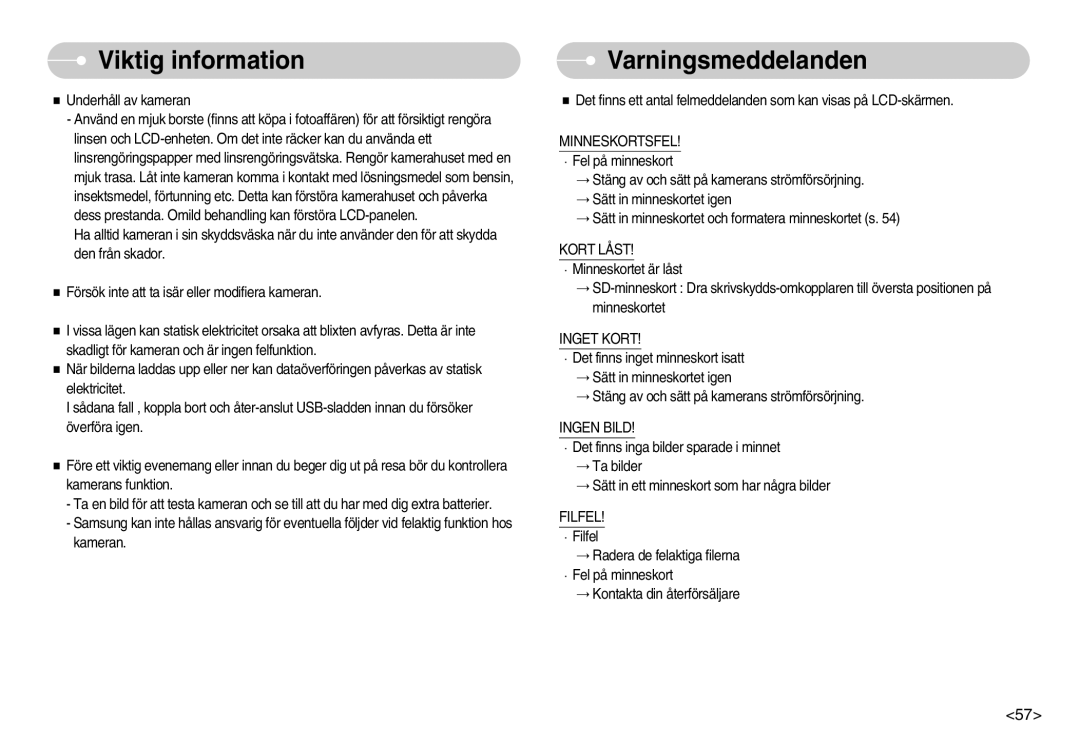 Samsung EC-L70ZZSBB/E1, EC-L70ZZBBA/DE manual Varningsmeddelanden, Inget Kort, Ingen Bild, Filfel 