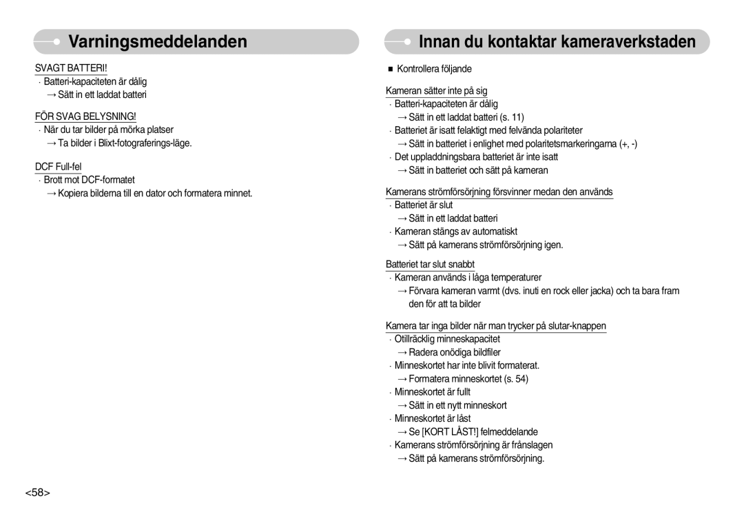 Samsung EC-L70ZZBBA/DE, EC-L70ZZSBB/E1 manual Svagt Batteri, FÖR Svag Belysning 