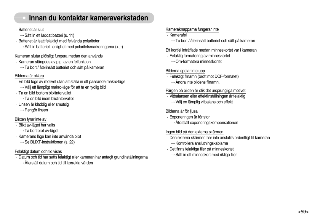 Samsung EC-L70ZZSBB/E1, EC-L70ZZBBA/DE manual Innan du kontaktar kameraverkstaden 