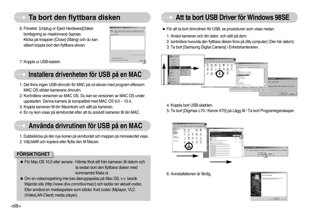 Samsung EC-L70ZZBBA/DE, EC-L70ZZSBB/E1 manual Att ta bort USB Driver för Windows 98SE 