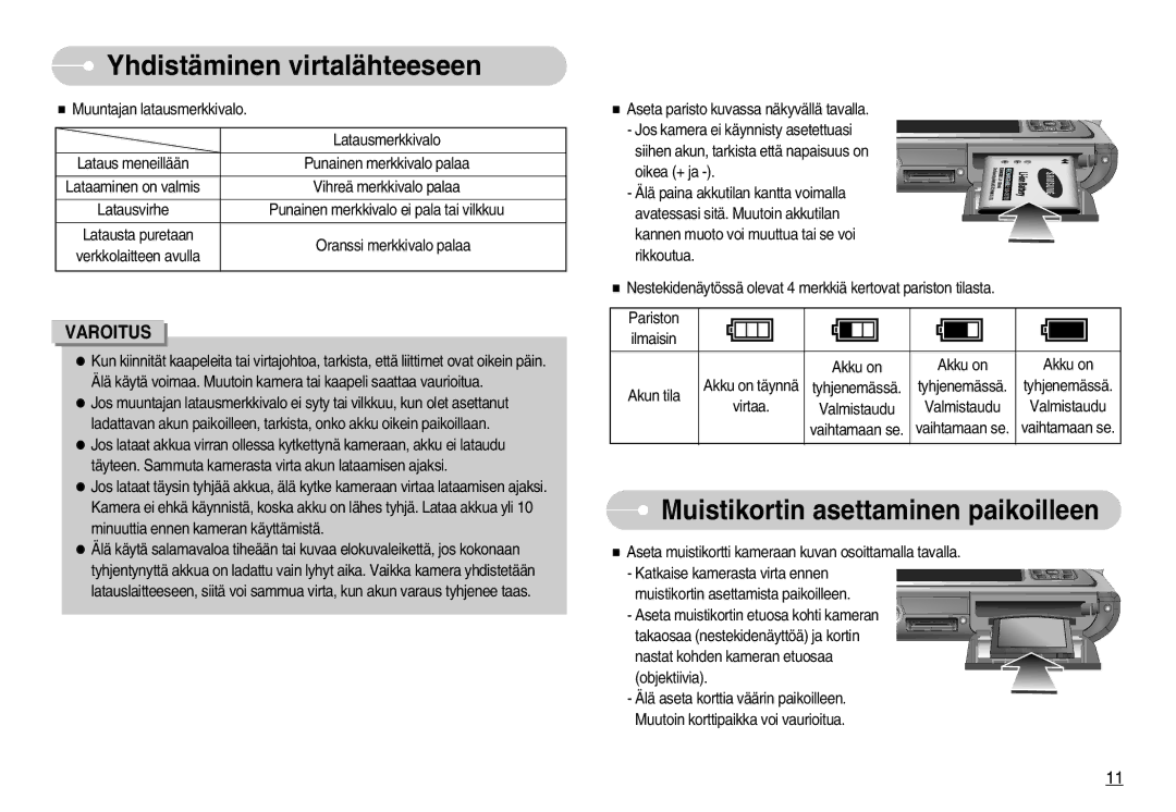 Samsung EC-L70ZZSBB/E1, EC-L70ZZBBA/DE manual Muistikortin asettaminen paikoilleen 