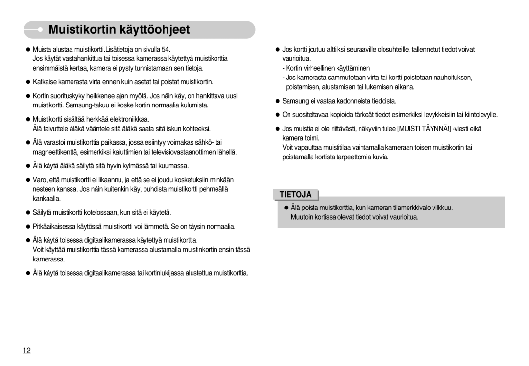 Samsung EC-L70ZZBBA/DE, EC-L70ZZSBB/E1 manual Muistikortin käyttöohjeet 