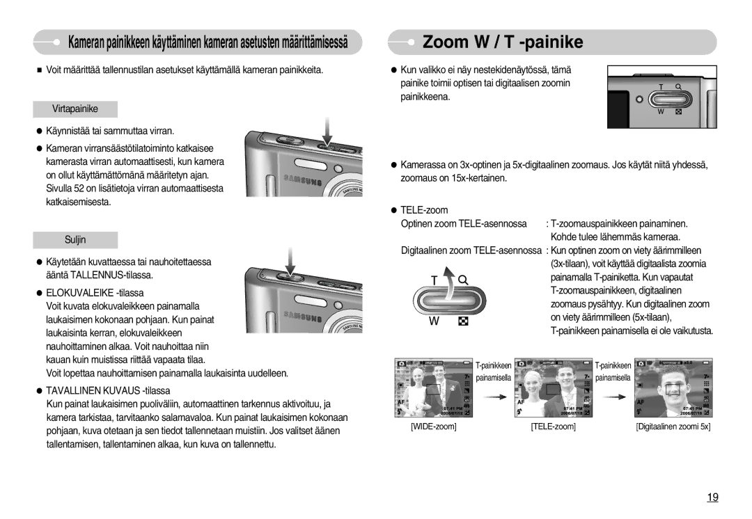 Samsung EC-L70ZZSBB/E1, EC-L70ZZBBA/DE manual Zoom W / T -painike 