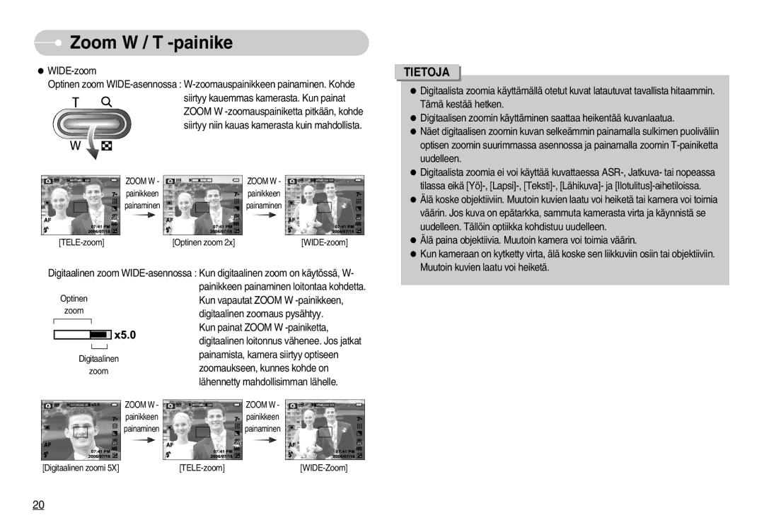 Samsung EC-L70ZZBBA/DE, EC-L70ZZSBB/E1 manual TELE-zoom Optinen zoom WIDE-zoom 