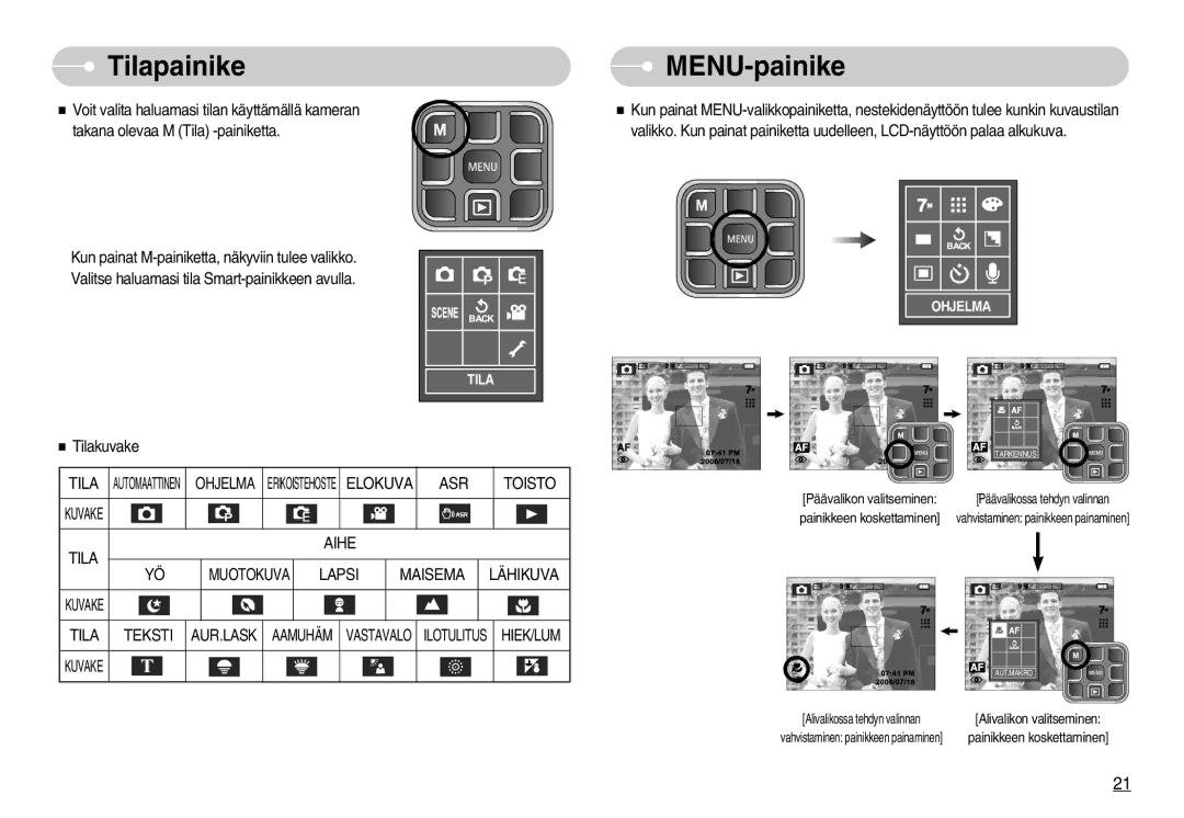 Samsung EC-L70ZZSBB/E1, EC-L70ZZBBA/DE manual Tilapainike, MENU-painike, Toisto, Aihe Tila, Lapsi Maisema Lähikuva 