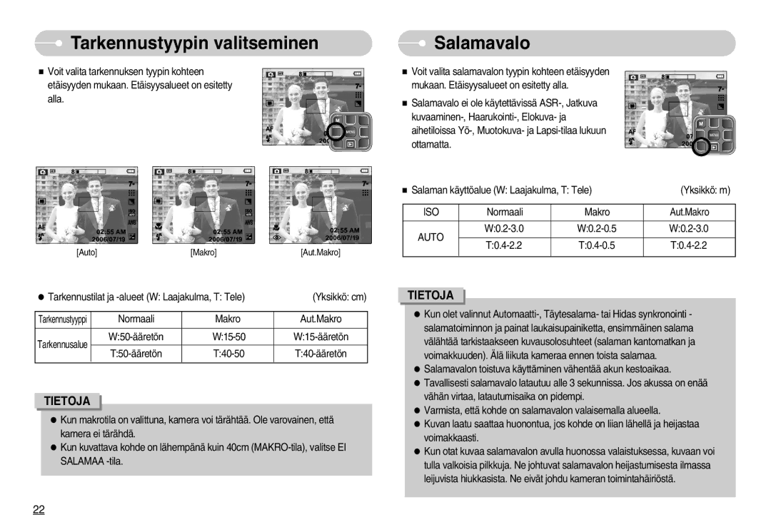 Samsung EC-L70ZZBBA/DE, EC-L70ZZSBB/E1 manual Tarkennustyypin valitseminen, Salamavalo, Auto 