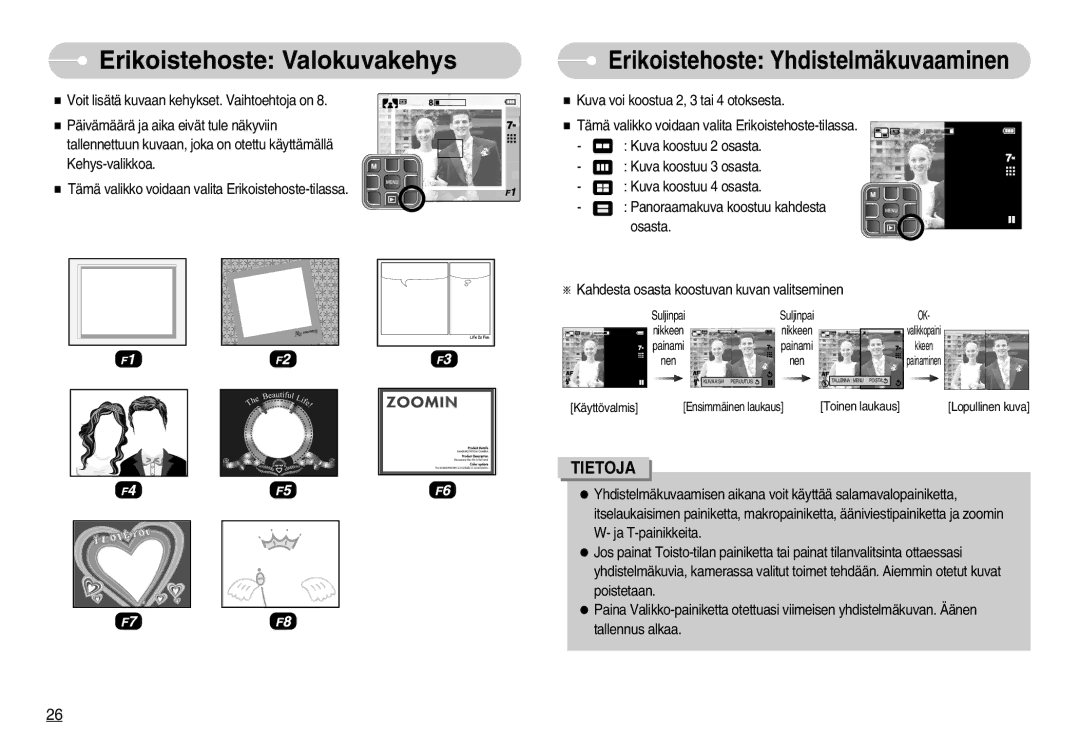 Samsung EC-L70ZZBBA/DE, EC-L70ZZSBB/E1 manual Erikoistehoste Valokuvakehys, Erikoistehoste Yhdistelmäkuvaaminen 