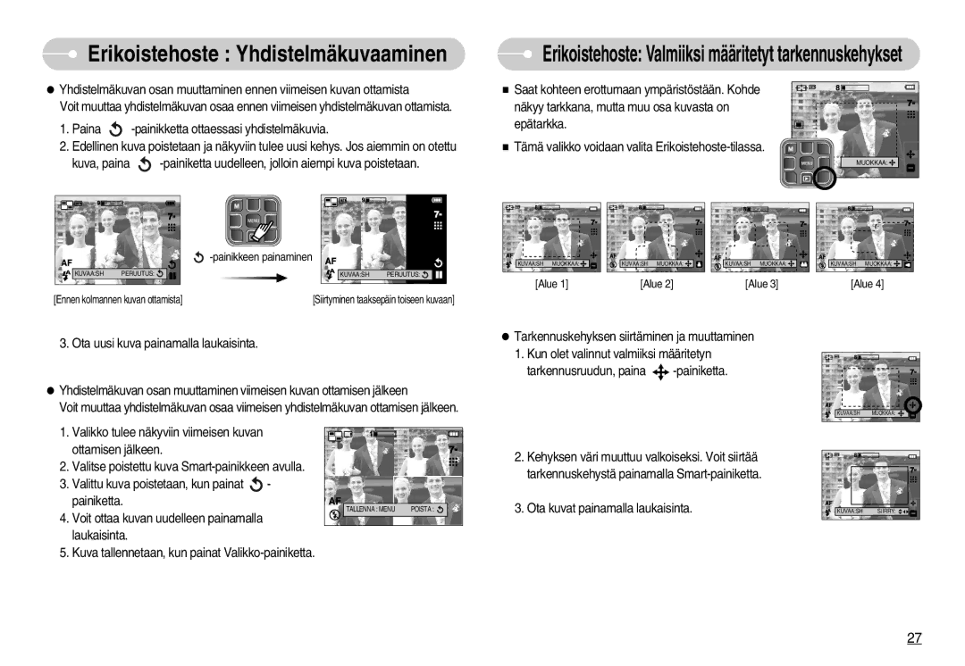 Samsung EC-L70ZZSBB/E1, EC-L70ZZBBA/DE manual Erikoistehoste Valmiiksi määritetyt tarkennuskehykset 