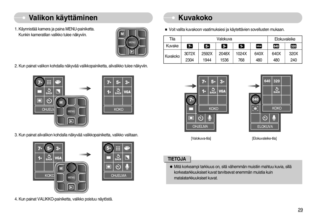 Samsung EC-L70ZZSBB/E1, EC-L70ZZBBA/DE manual Valikon käyttäminen, Kuvakoko 