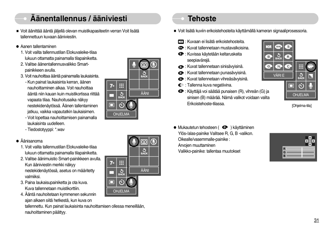 Samsung EC-L70ZZSBB/E1, EC-L70ZZBBA/DE manual Äänentallennus / ääniviesti, Tehoste 