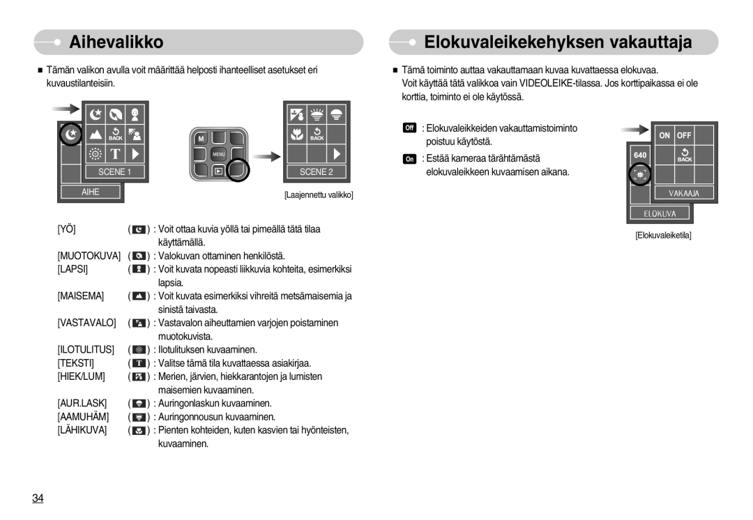 Samsung EC-L70ZZBBA/DE, EC-L70ZZSBB/E1 manual Aihevalikko, Elokuvaleikekehyksen vakauttaja 