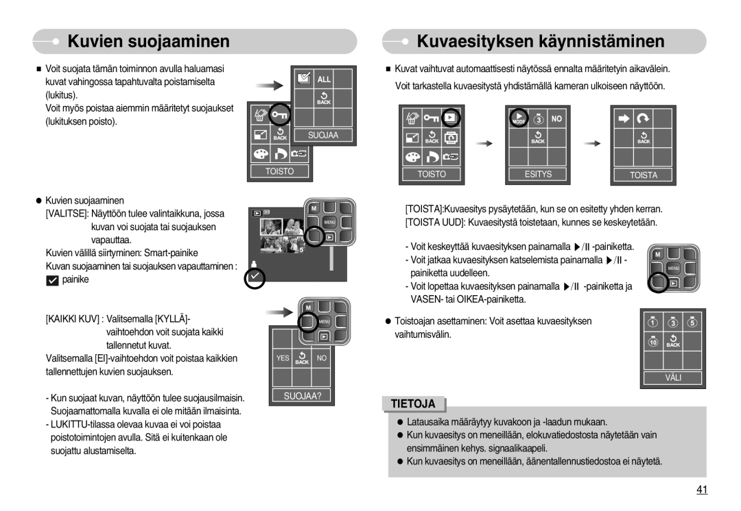 Samsung EC-L70ZZSBB/E1, EC-L70ZZBBA/DE manual Kuvien suojaaminen, Kuvaesityksen käynnistäminen 