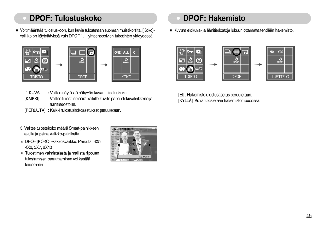 Samsung EC-L70ZZSBB/E1, EC-L70ZZBBA/DE manual Dpof Tulostuskoko, Dpof Hakemisto 