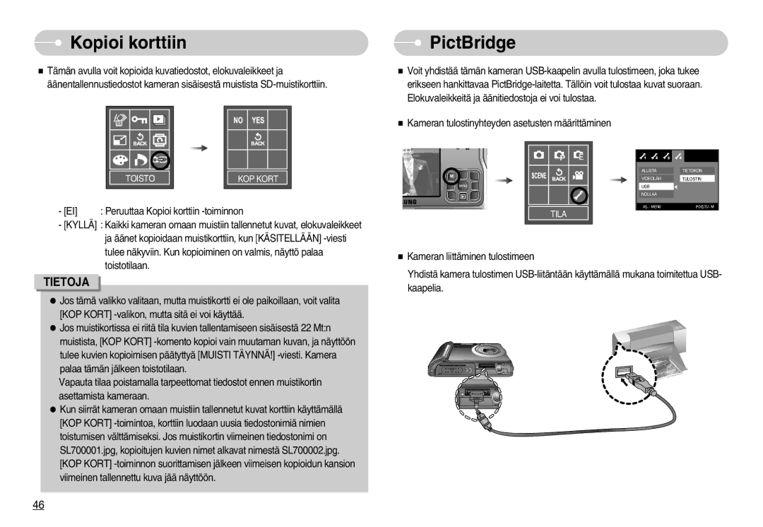 Samsung EC-L70ZZBBA/DE, EC-L70ZZSBB/E1 manual Kopioi korttiin, PictBridge 