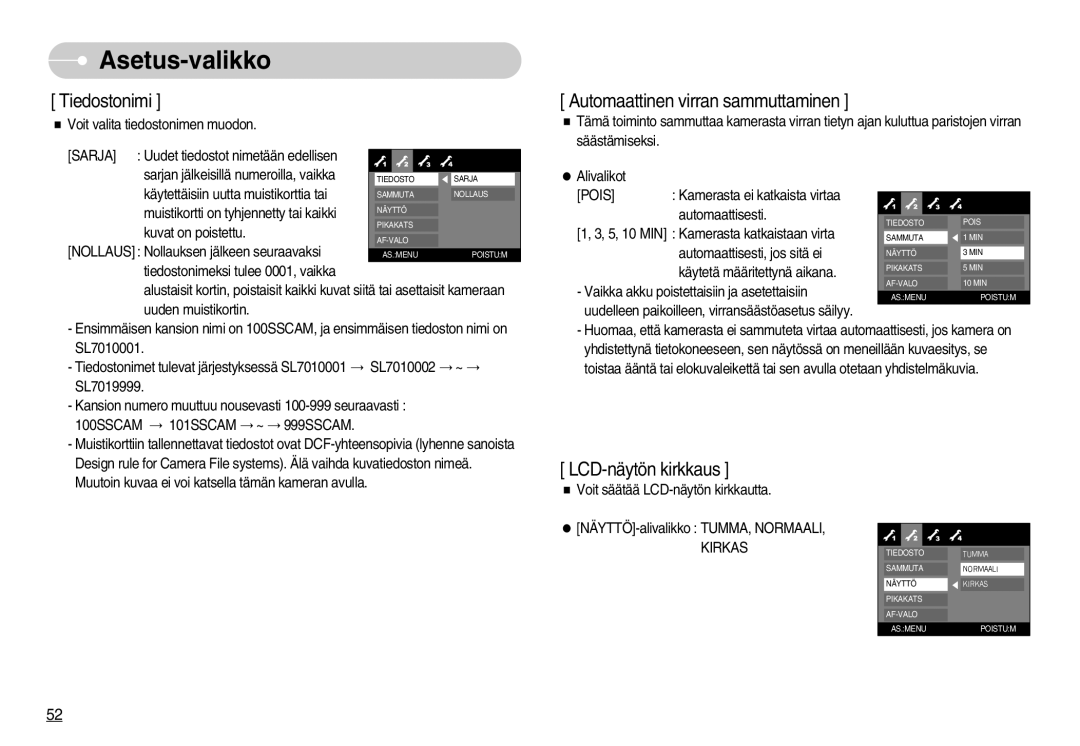 Samsung EC-L70ZZBBA/DE, EC-L70ZZSBB/E1 manual Tiedostonimi, 100SSCAM 101SSCAM ~ 999SSCAM 