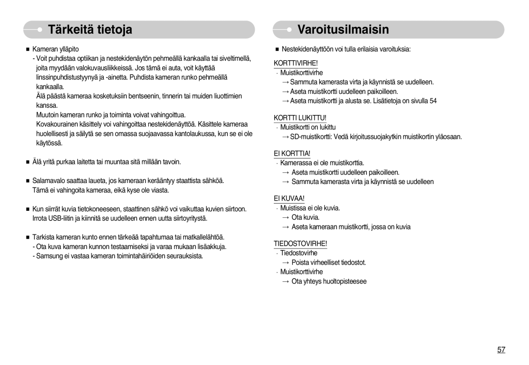 Samsung EC-L70ZZSBB/E1, EC-L70ZZBBA/DE manual Varoitusilmaisin, EI Korttia, EI Kuvaa, Tiedostovirhe 