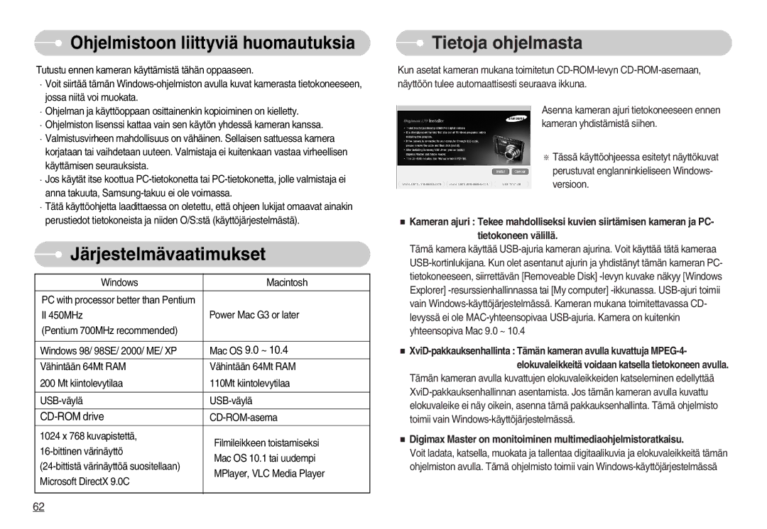 Samsung EC-L70ZZBBA/DE, EC-L70ZZSBB/E1 Ohjelmistoon liittyviä huomautuksia, Järjestelmävaatimukset, Tietoja ohjelmasta 