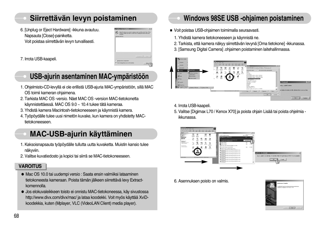 Samsung EC-L70ZZBBA/DE, EC-L70ZZSBB/E1 manual MAC-USB-ajurin käyttäminen, USB-ajurin asentaminen MAC-ympäristöön 