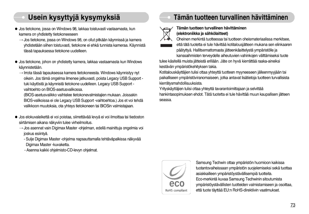 Samsung EC-L70ZZSBB/E1, EC-L70ZZBBA/DE manual Tämän tuotteen turvallinen hävittäminen 