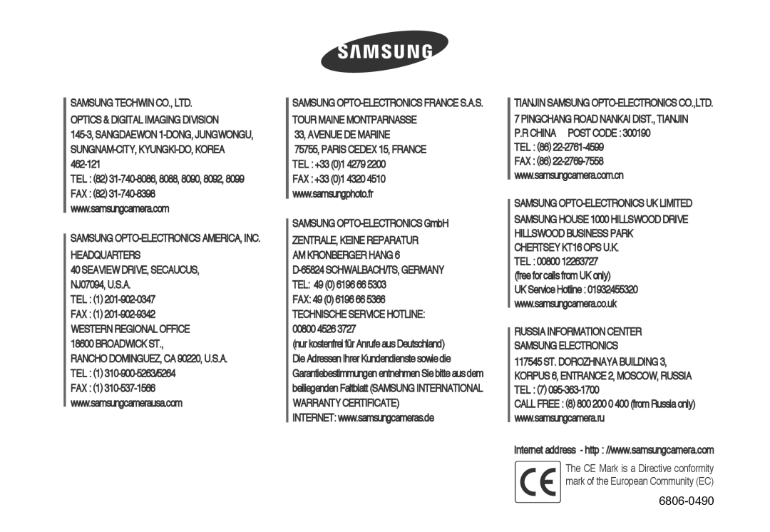 Samsung EC-L70ZZSBB/E1, EC-L70ZZBBA/DE manual 6806-0490 