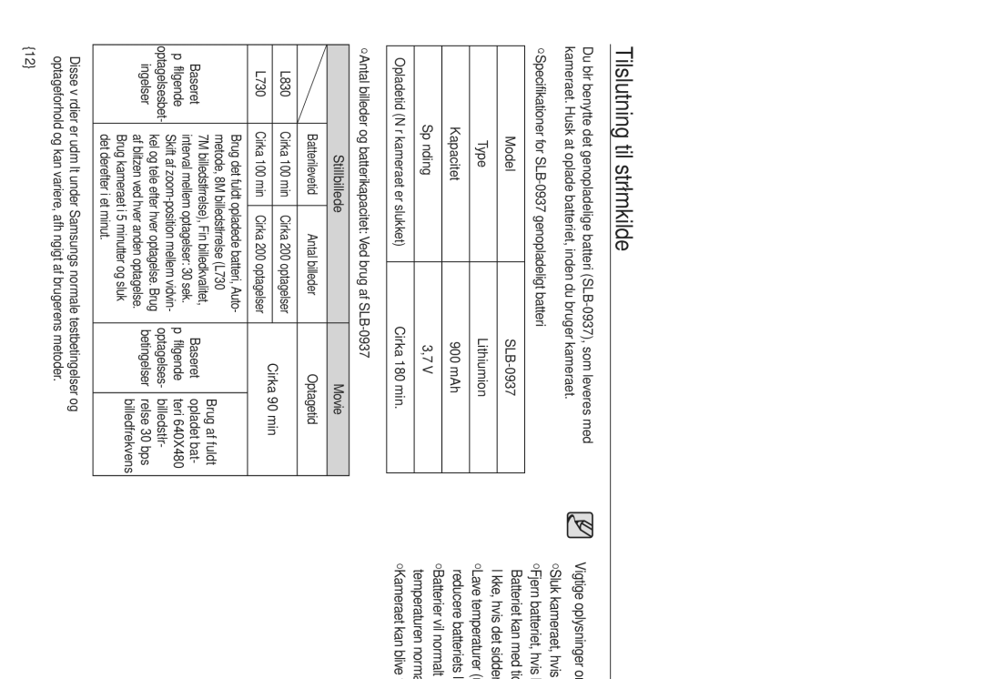 Samsung EC-L830ZSDA/E3, EC-L730ZSDA/E3, EC-L830ZBDA/E3, EC-L730ZBBA/E2, EC-L730ZBDA/E3 manual Tilslutning til strømkilde 