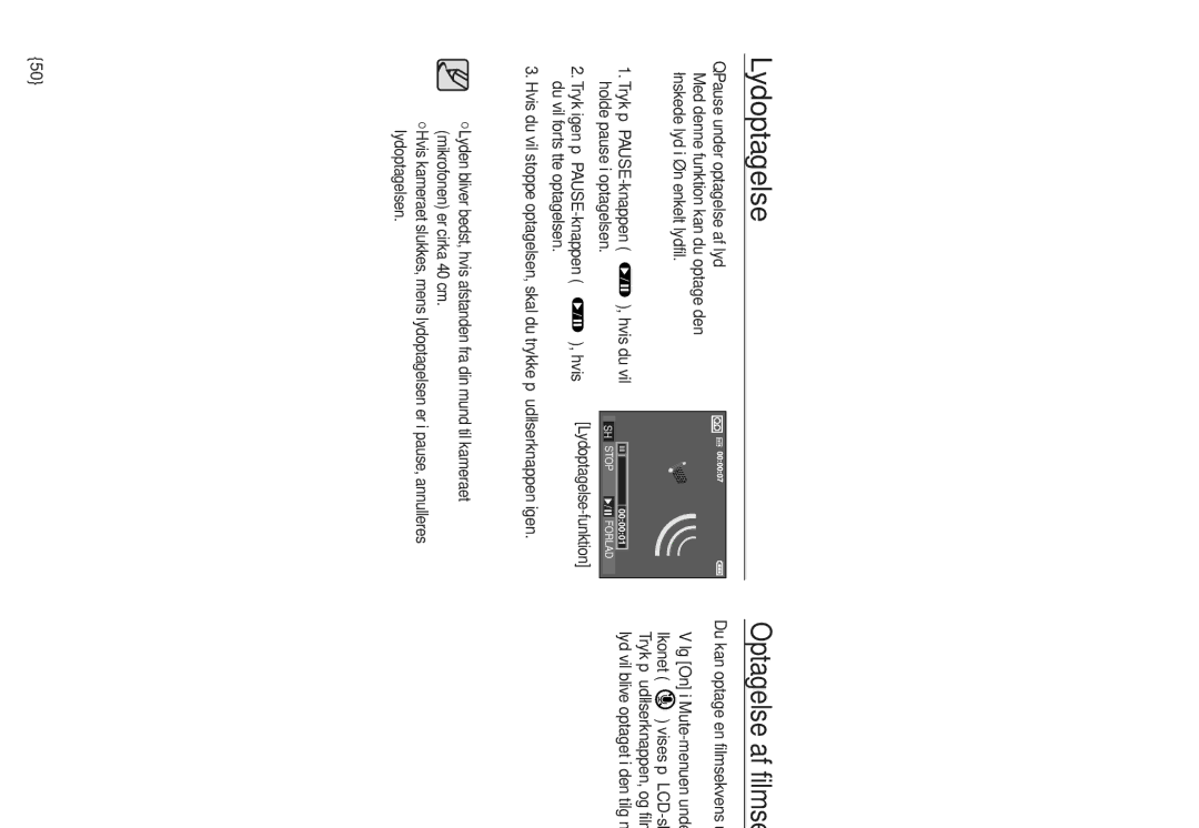 Samsung EC-L830ZBDA/E3, EC-L730ZSDA/E3 manual Lydoptagelse Optagelse af filmsekvenser uden lyd, Holde pause i optagelsen 