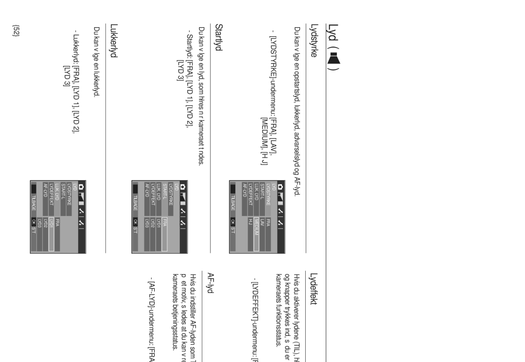 Samsung EC-L830ZSDA/E3, EC-L730ZSDA/E3, EC-L830ZBDA/E3, EC-L730ZBBA/E2 manual Lydstyrke, Lydeffekt, Startlyd, Lukkerlyd 