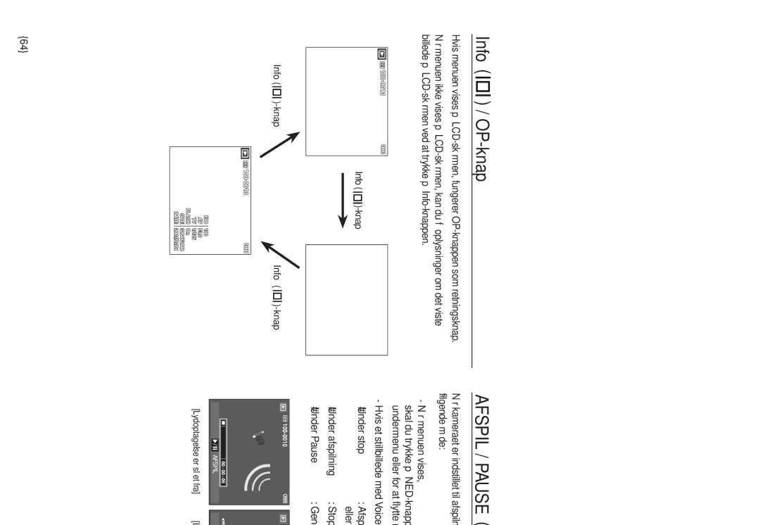 Samsung EC-L830ZRBA/E2, EC-L730ZSDA/E3 manual Afspil / Pause / NED-knap, Knap Info, Under stop, Eller en filmoptagelse 