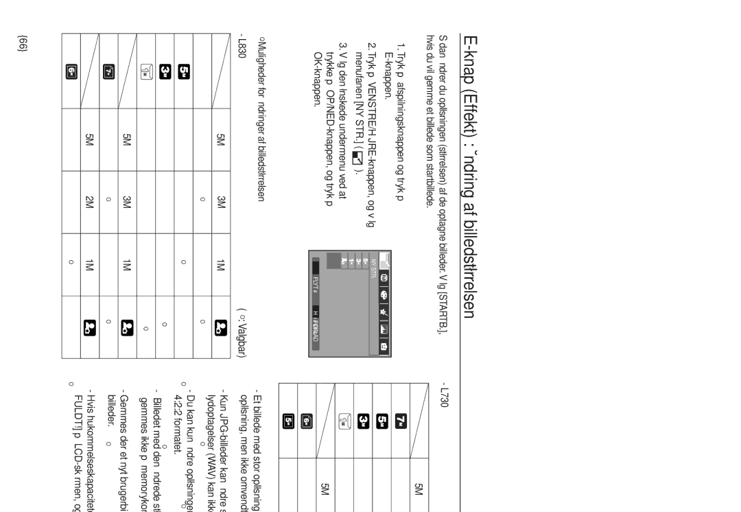 Samsung EC-L730ZSBA/E2, EC-L730ZSDA/E3, EC-L830ZBDA/E3, EC-L730ZBBA/E2 manual Knap Effekt Ændring af billedstørrelsen 