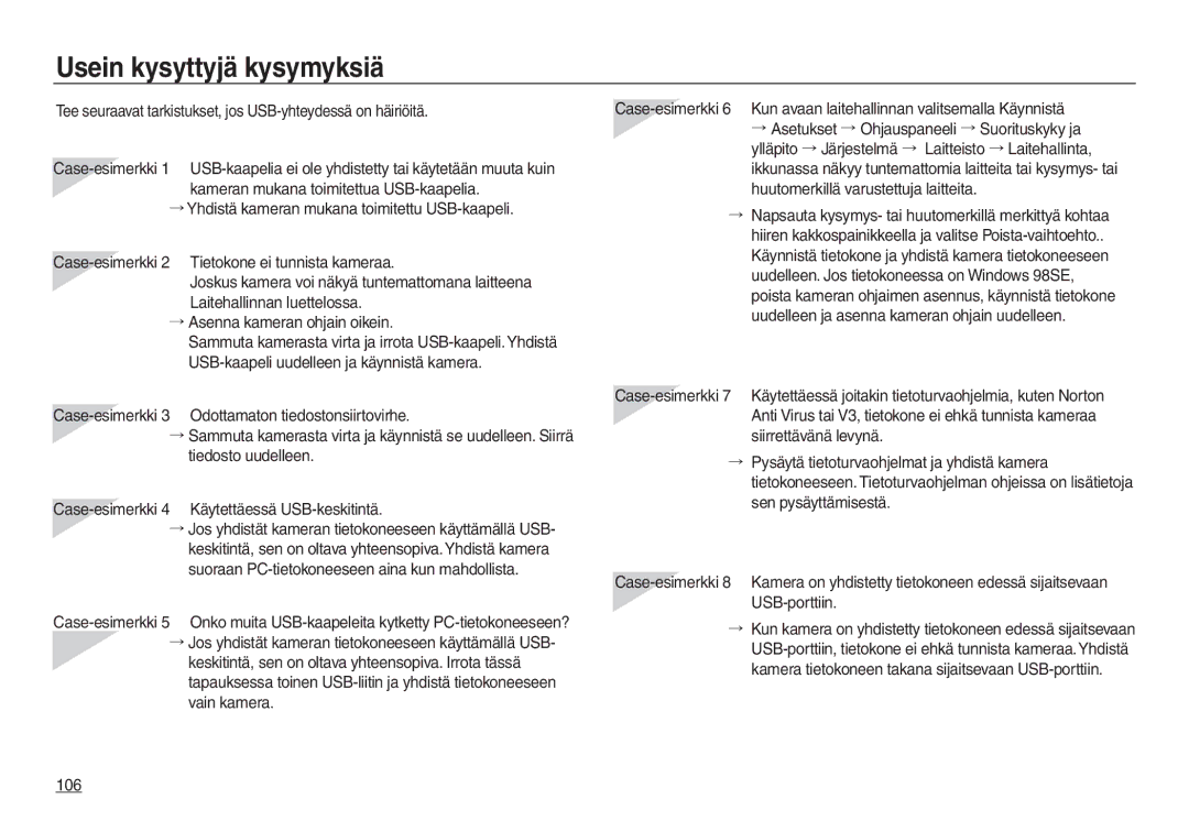 Samsung EC-L730ZSBA/E2 manual Usein kysyttyjä kysymyksiä, Tee seuraavat tarkistukset, jos USB-yhteydessä on häiriöitä, 106 