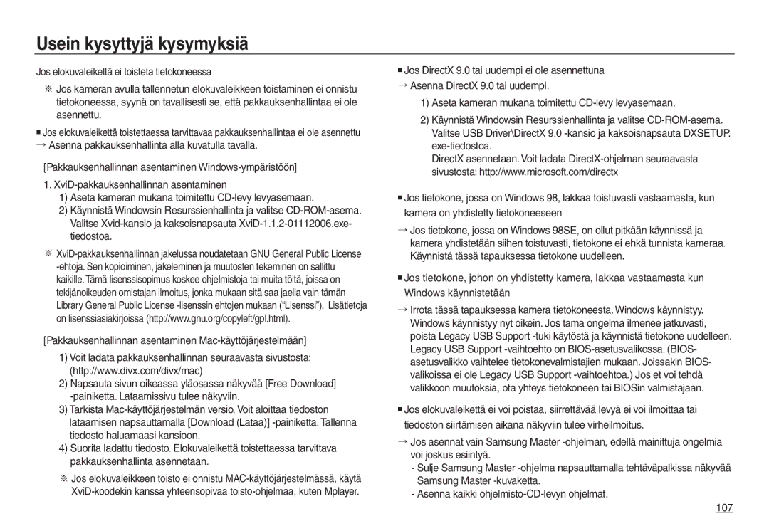 Samsung EC-L830ZSBA/E2, EC-L730ZSDA/E3, EC-L830ZBDA/E3, EC-L730ZBBA/E2, EC-L830ZSDA/E3 manual Usein kysyttyjä kysymyksiä 